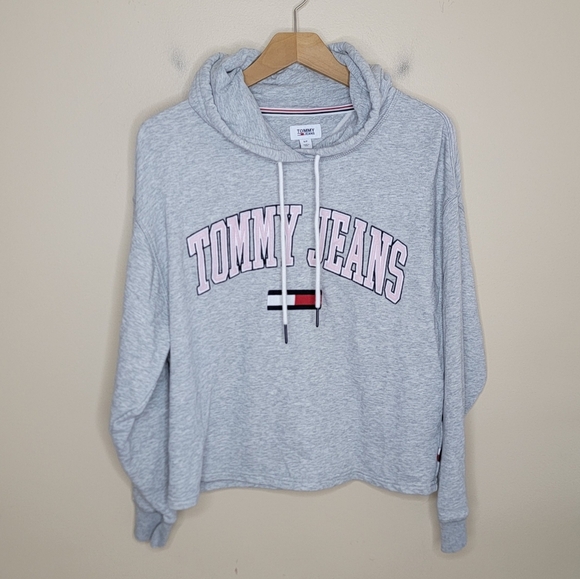 Tommy Hilfiger | Cropped Gray Tommy Jeans Hooded Logo Sweatshirt Size Small - Picture 1 of 4